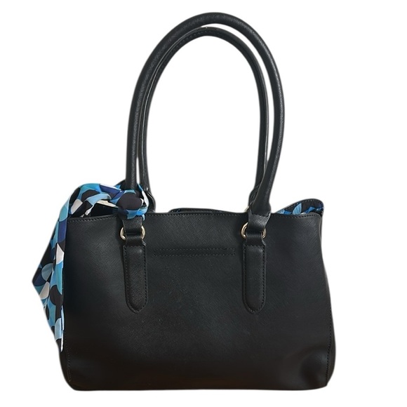 TRINA TURK BLACK VEGAN SHOULDER BAG BLUE BLACK DOT INTERIOR WITH BAG SCARF - Picture 2 of 16